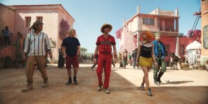 One Piece. (L to R) Jacob Romero as Usopp, Taz Skylar as Sanji, Iñaki Godoy as Monkey D. Luffy, Emily Rudd as Nami, Mackenyu as Roronoa Zoro in season 2 of One Piece. Cr. Courtesy of Netflix © 2025